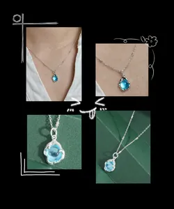 Détail macro du pendentif en cristal bleu ciel avec bordure ondulée en métal argenté
