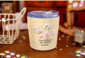 Close-up of cute 3D foam stickers from Fun Grocery Store series applied on a cream cup