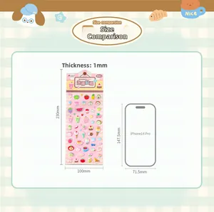 Detailed size comparison of cute foam stickers with iPhone 14 Pro for scale reference.