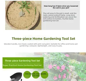 Three-piece garden tool set featuring rust-proof iron shovel and rake with wooden handles