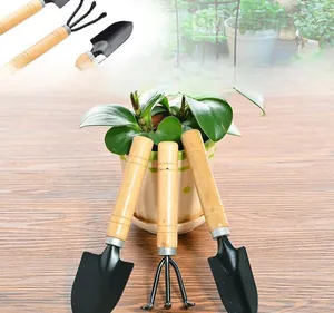 Close-up of 3-piece garden tool set with wooden handles on a textured wooden desk