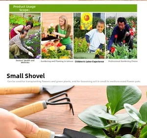 Garden tool set detail showing spade and rake used by family for indoor potting and soil care