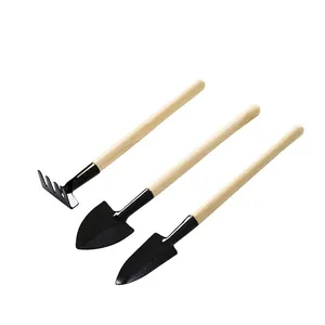 3-piece garden tool set with wooden handles and black metal heads for succulents