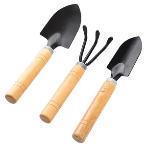 3-piece wooden handle garden tool set with black metal shovel, trowel and hand rake