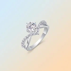 Detailed view of S925 silver moissanite ring featuring a V-shaped pavé-set band