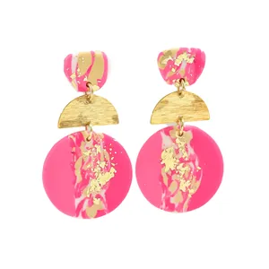 Pink marble layered earrings with gold foil accents and brushed metal semi-circle