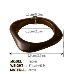 Detailed size chart for irregular square acrylic bangle in amber tortoiseshell finish