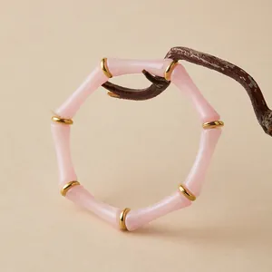 Detalle de pulsera de acrílico rosa con anillos dorados sobre una rama de madera
