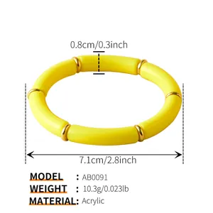 Detail view of yellow acrylic stretch bracelet showing 7.1cm inner diameter and 0.8cm width