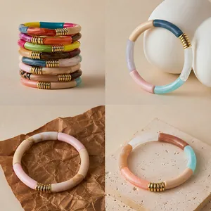 Bamboo Tube Acrylic Resin Stretch Bracelet For Women Colorful Geometric Bead Bangle With Gold Spacers Vintage Fashion Jewelry Gift