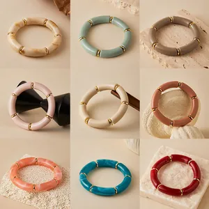 Braccialetto in Acrilico Bohemien Retrò con Perline a Tubo per Donna con Stampa Leopardata e Motivo Marmorizzato Bracciale Gioielli