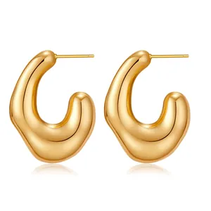 Polished golden chunky C-shaped irregular hoop earrings in 18K gold plated brass