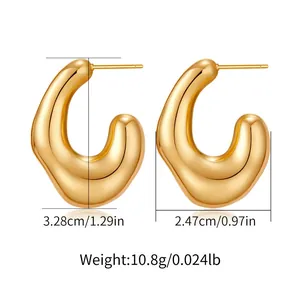 Detailed view of chunky C-shape 18K gold plated earrings with dimensions and weight