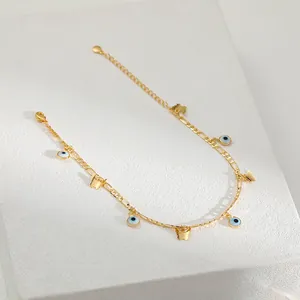 Bracelet de cheville Figaro plaqué or 18K avec papillons et perles d'œil maléfique