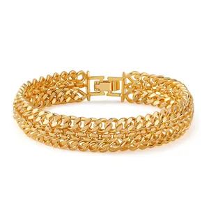 Pulsera de cadena cubana multicapa bañada en oro de 18K con cierre de seguridad rectangular