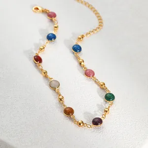 Chaîne de Cheville Perles Rondes Scintillantes Multicolores Cuivre Plaqué Or 18K Réglable Bijoux Arc-en-ciel Femme Plage