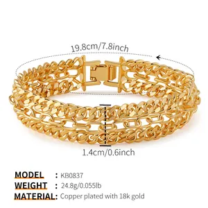 Pulsera de cadena cubana de tres capas chapada en oro de 18k con cierre de presión cuadrado