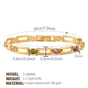 Pulsera de cadena multicapa bañada en oro con circonitas de colores, 19cm y peso de 5,7g