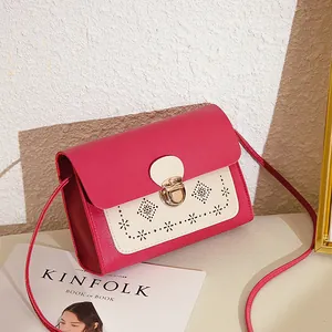 Sac bandoulière bicolore rose et beige avec motifs ajourés et boucle dorée chic