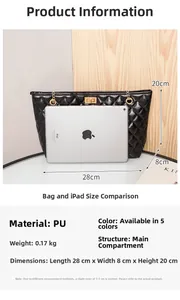 Detailed size chart for black quilted tote bag showing 28cm width and 20cm height