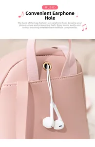 Detailed view of pink mini backpack featuring a gold-rimmed music earphone jack and wired headset