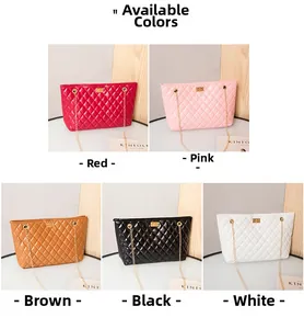 Detailed view of quilted chain bags in red, pink, brown, black, and white colors