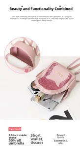 Detail view of pink sequin mini backpack capacity for phone, wallet and cosmetics