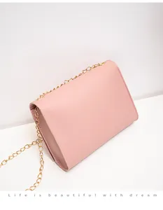 Detail of light pink leather crossbody bag featuring gold chain strap and textured flap