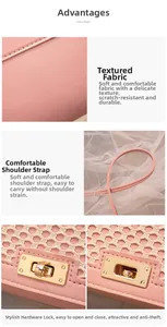 Detail of pink small square bag showing scratch-resistant fabric and gold lock hardware