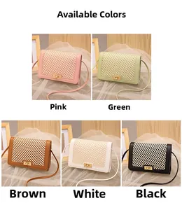 Detail showing women's mini square crossbody bags in five colors with woven grid patterns