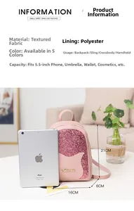 Close-up of pink sequin mini backpack showing cat ears and detailed dimensions 21x16x6cm