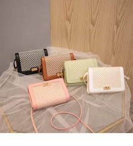 Detailed grid design of five colorful small crossbody bags with gold rotating locks