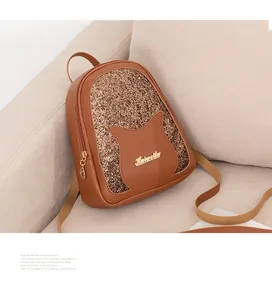 Detailed view of brown mini backpack featuring glitter cat ears and gold hardware