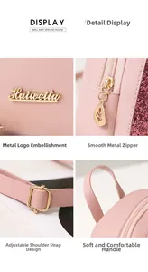 Detailed views of pink PU leather backpack showing hardware logo and smooth zipper