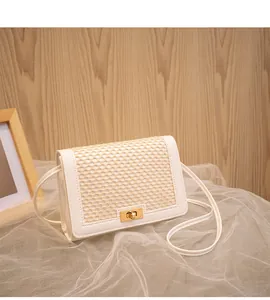 Detail of white square bag with mesh flap and gold metal twist lock on soft white tulle
