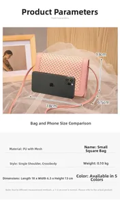 Pink small square bag with grid pattern showing size comparison and detailed dimensions