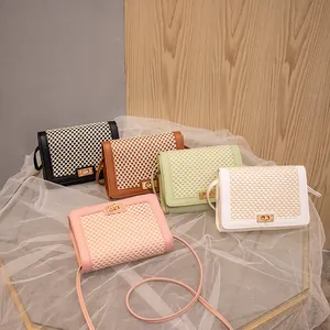 Women Fashion PU Leather Mesh Crossbody Bag Contrast Color Small Square Bag With Gold Twist Lock Adjustable Shoulder Bag
