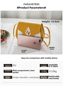Detail view of yellow crossbody saddle bag with water drop lock and size dimensions