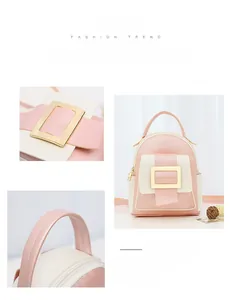 Detailed views of mini pink backpack showing gold square buckle and stitching quality