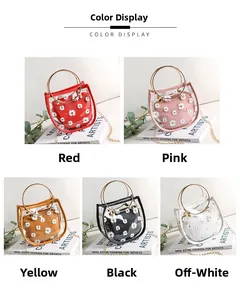 Détail des mini sacs transparents à motif marguerite en cinq couleurs avec chaînes