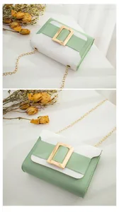 Détail du sac bandoulière vert menthe et blanc avec boucle dorée et chaîne en métal
