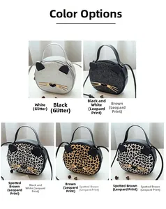 Detailed collection of cat-shaped crossbody bags in leopard print and glitter finishes