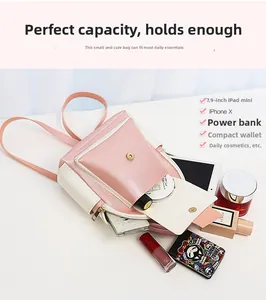 Mini backpack interior layout showing pink and white bag with iPad and cosmetics inside