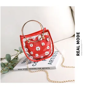 Détail du sac transparent en PVC avec marguerites, poignée dorée et pochette intérieure