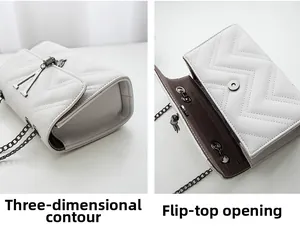 Detail of white V-quilted shoulder bag showing structured silhouette and flap opening