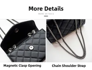 Détail du sac à main matelassé noir montrant la boucle magnétique et la chaîne en métal