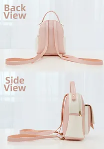 Detailed back and side views of a mini pink and beige leather backpack with soft lighting