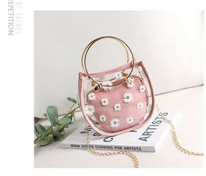 Détail du sac transparent marguerite en PVC avec bordure en cuir rose et anneaux dorés