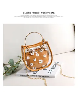 Détail du sac bandoulière en PVC transparent avec pochette intérieure à motifs marguerites