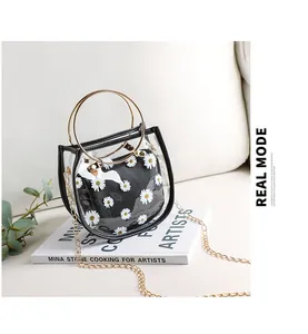 Détail du mini sac transparent en PVC avec pochette marguerite et poignée dorée ronde